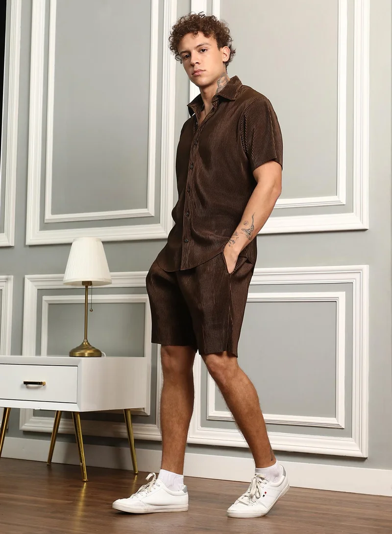 CAHOOT  Men's Mocha Brown Pleat-Creased Co-Ord Set For Casual Wear | Spread Collar | Short Sleeve | Button Closure | Co-Ords Crafted With Comfort Fit For Everyday Wear for Men | Best Price UAE